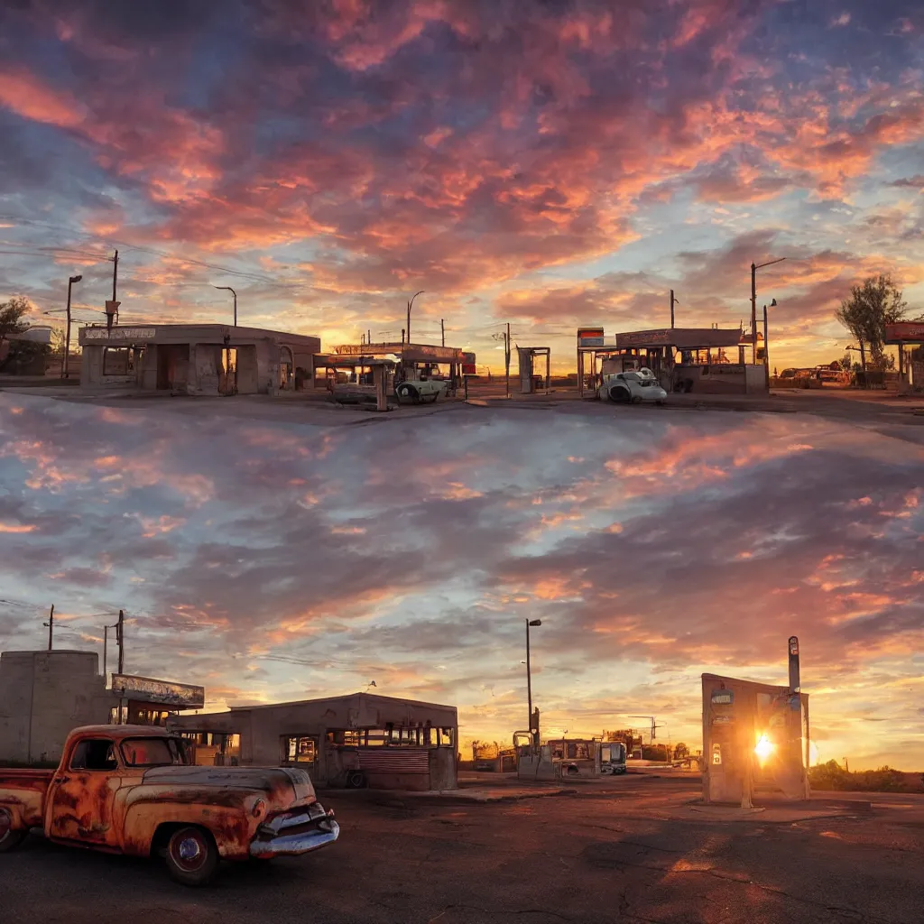 Image similar to a sunset light landscape with historical route 6 6, lots of sparkling details and sun ray ’ s, blinding backlight, smoke, volumetric lighting, colorful, octane, 3 5 mm, abandoned gas station, old rusty pickup - truck, beautiful epic colored reflections, very colorful heavenly, softlight