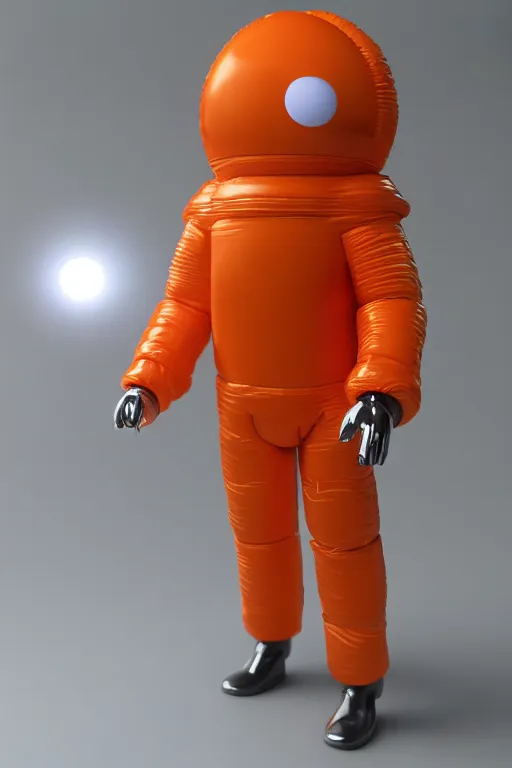 Prompt: still slander figurine of a tall giant inflated space man action figure wearing over sized orange puffy bomber jacket, googly eyes, tareme eyes, small head, personification, dynamic pose, detailed product photo, tone mapped, beautiful composition, 8 5 mm, f 5. 8, soft lighting