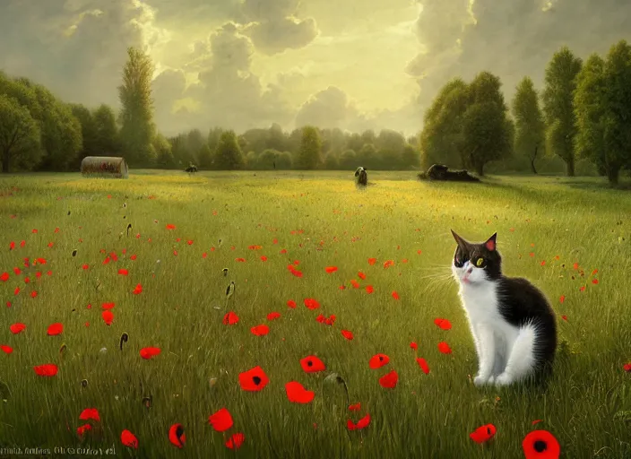 Image similar to the cat in the field from : meadow flowers, dandelions, poppy, tulip, chamomile, hyperrealism, no blur, 4 k resolution, ultra detailed, style of ivan shishkin, tyler edlin, tom bagshaw, arthur rackham,