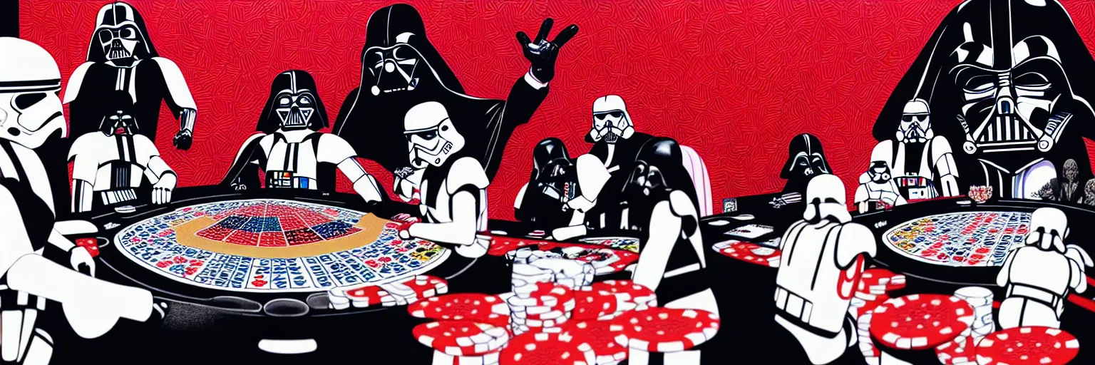 Image similar to hyperrealism composition of the detailed woman in a japanese kimono sitting at an extremely detailed poker table with darth vader and stormtrooper, fireworks on the background, pop - art style, jacky tsai style, andy warhol style, acrylic on canvas