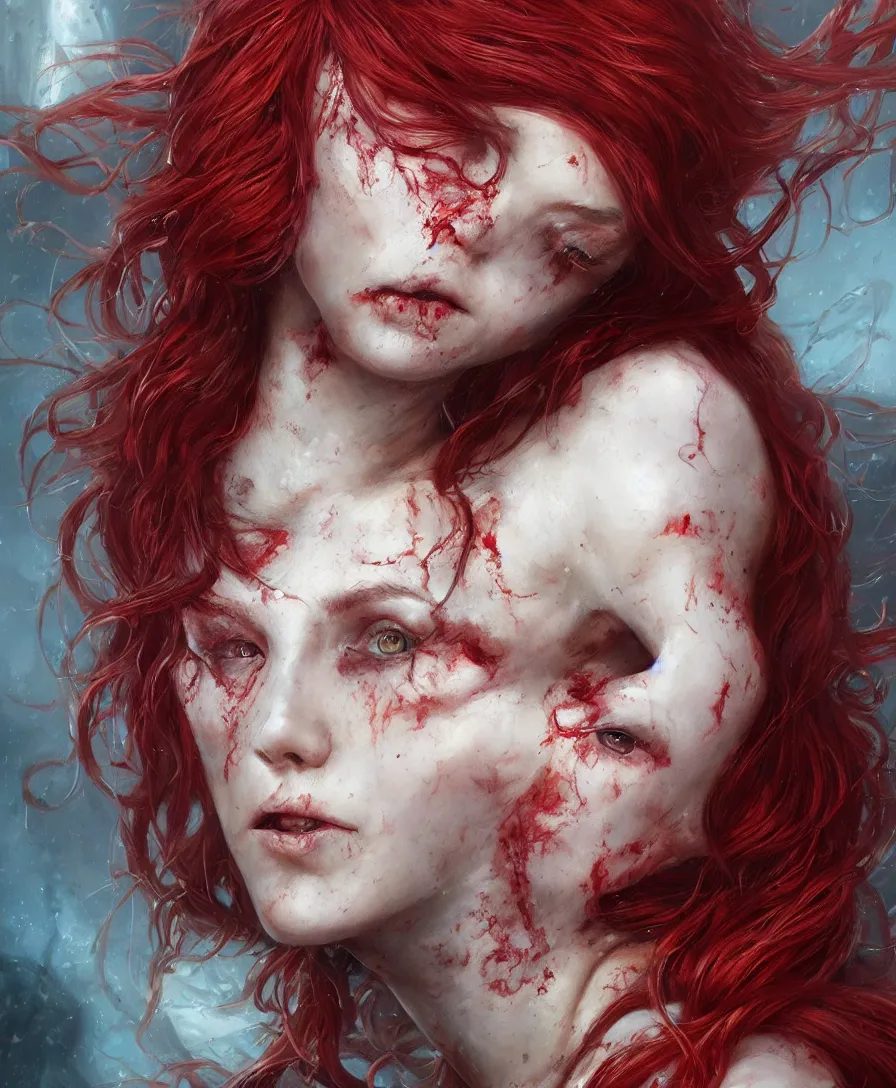 Prompt: Hyperrealistic close-up portrait of zombie mermaid young woman with red hair, alone, D&D, fantasy, intricate, elegant, highly detailed, digital painting, trending artstation, concept art, smooth, sharp focus, illustration, art by Greg Rutkowski