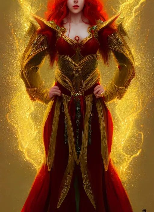 Image similar to Half-body portrait of a red-haired beautiful elven queen in red, gold and green dress sitting on a throne. In style of Hyung-tae Kim and Greg Rutkowski, concept art, trending on ArtStation, Korean MMORPG, over-detailed art, 4K, epic, dynamic lightning, dramatic pose.