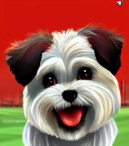Image similar to small white shihtzu maltese mix dog in nc state stadium smiling full color digital illustration in the style of don bluth, artgerm, artstation trending, 4 k