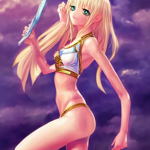 Image similar to full body shot : a very beautiful young blond anime girl imprisoned by golden chains, sky blue eyes,, tattoo, bikini, miniskirt, highly detailed, cinematic wallpaper by stanley artgerm lau