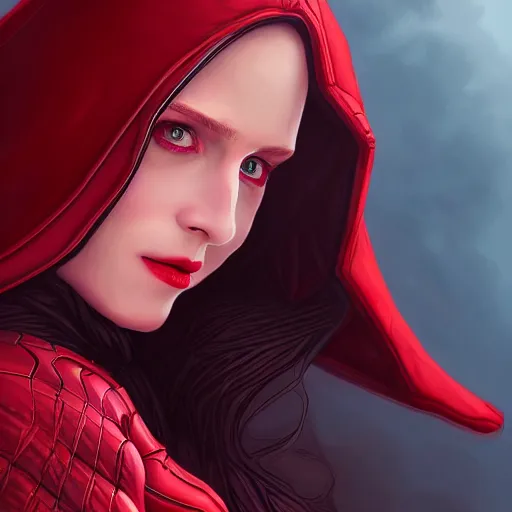 Prompt: Portrait of Wanda the scarlet witch, Marvel, highly detailed, ominous background, artstation, trending on ArtStation, by smile _zPRO