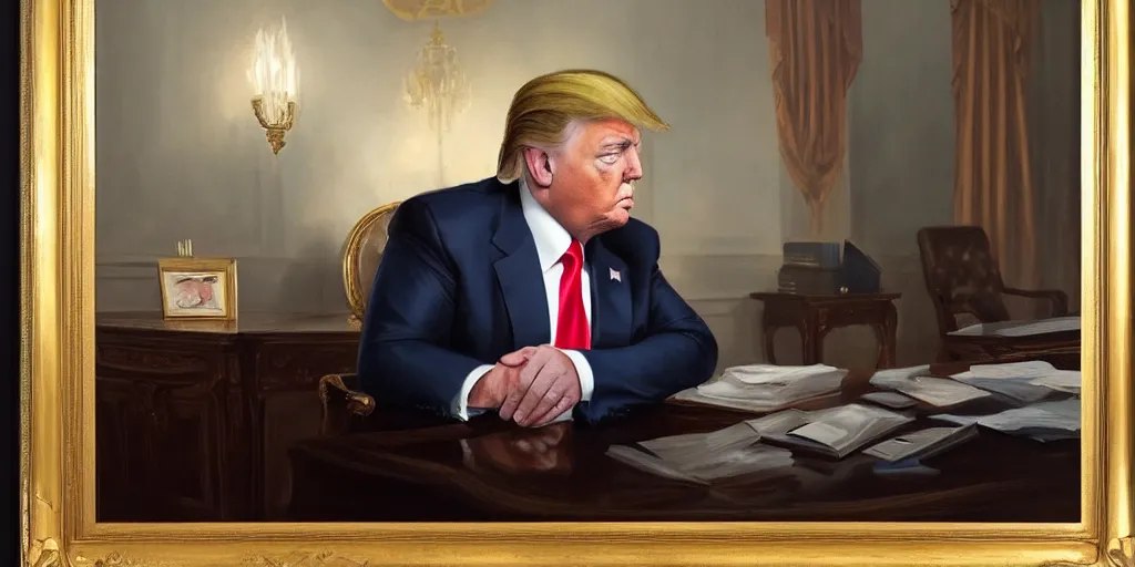 Image similar to beautiful oil matte portrait painting, mafia boss donald trump smoking at white house office desk, wonderful masterpiece highly detailed, beautiful cinematic light deep focus, elegant, digital painting, smooth, sharp focus, golden ratio, dramatic illumination, ultra realistic, 8 k, art by jimmy law