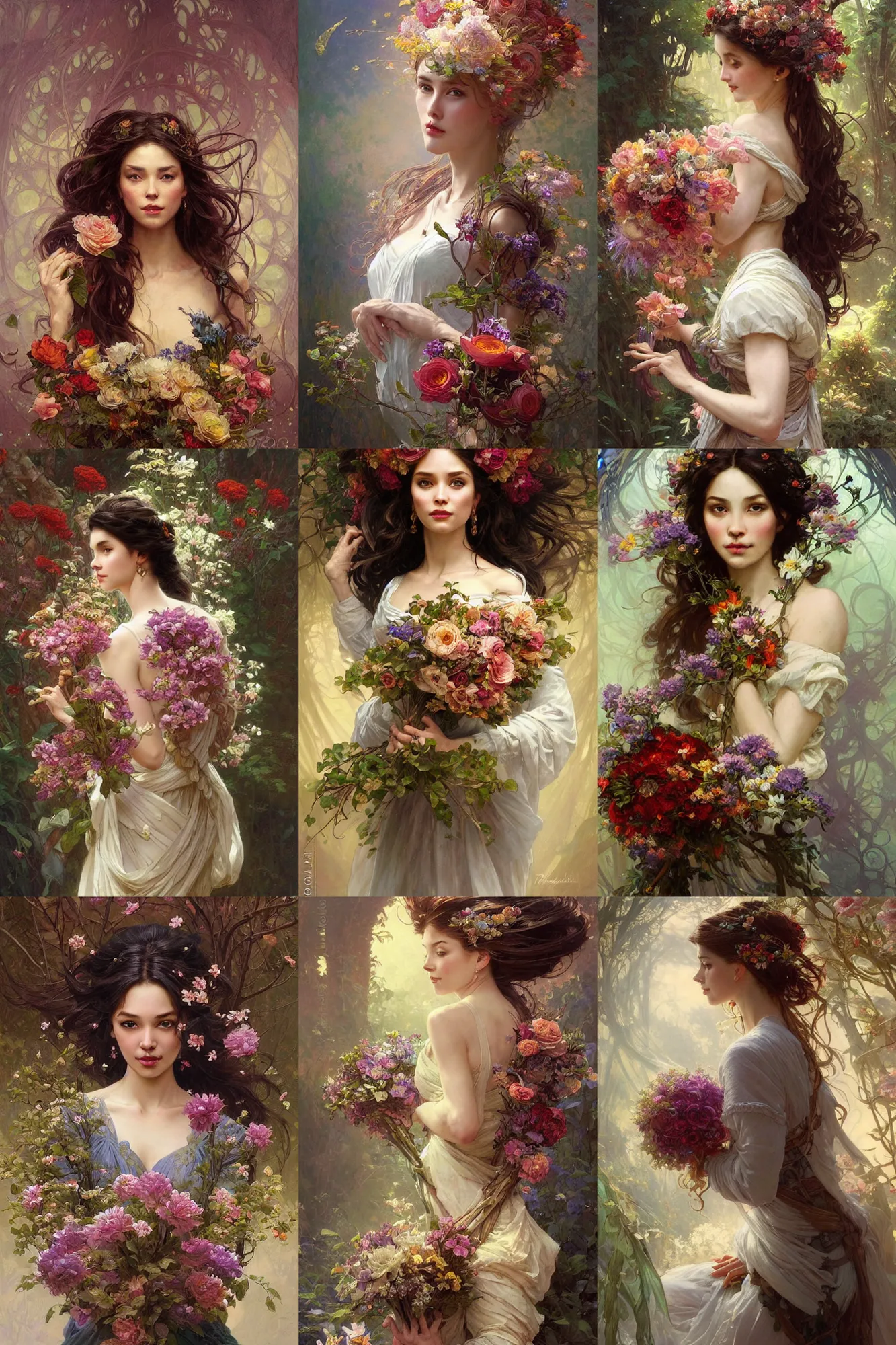 Prompt: portrait of a beautiful mysterious woman holding a bouquet of flowing flowers, fantasy, regal, intricate, by stanley artgerm lau, greg rutkowski, thomas kindkade, alphonse mucha, loish, norman rockwell