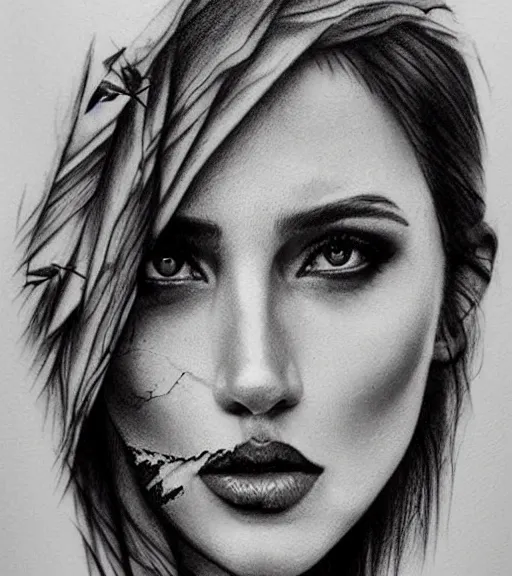 Prompt: creative blend of a hyper realistic mountain scenery with a beautiful woman face, tattoo design sketch, in the style of matteo pasqualin, hyper - realistic, amazing detail, black and white