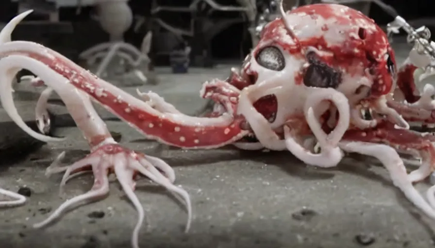 Image similar to Big budget horror movie, a squid bloodily decapitates a cyborg