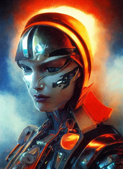 Image similar to ( ( symmetry ) ) closeup portrait of a stunning armored cyborg egirl pirate captain ( ( ( crying in tears ) ) ), strong cinematic light, backlit, red yellow blue, viscous volumetric smoke, mist, by gerald brom, by mikhail vrubel, by peter elson, muted colors, extreme detail, trending on artstation, 8 k