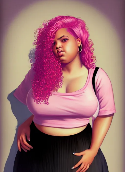 Image similar to full body portrait, teenage vanessa morgan, pink hair, obese, curly pixie hair, sultry, realistic, short hair, hoop earrings, skirt, shirt, fat, belly, black girl, intricate, elegant, highly detailed, digital painting, artstation, concept art, smooth, sharp focus, illustration, art by wlop, mars ravelo and greg rutkowski