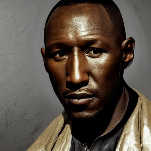 Image similar to mahershala ali portrait, dystopia core, apocalyptic, armor, warrior, dramatic, sharp focus, fiction, neon, fantasy, hyper detailed, digital art, trending in artstation, cinematic lighting, studio quality, smooth render, unreal engine 5 rendered, octane rendered, art style and nixeu and wlop and krenz cushart