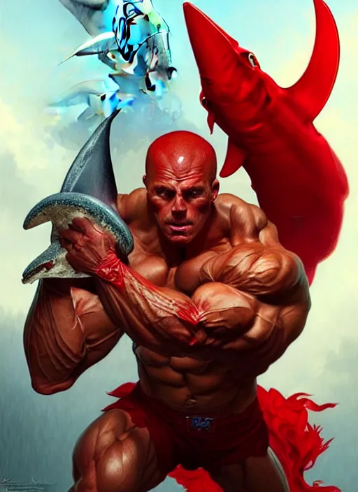 Image similar to portrait of a super muscular red human with a shark head breaking a wall, d & d, muscular! fantasy, intricate, elegant, highly detailed, digital painting, artstation, concept art, smooth, sharp focus, illustration, art by artgerm and greg rutkowski and alphonse mucha