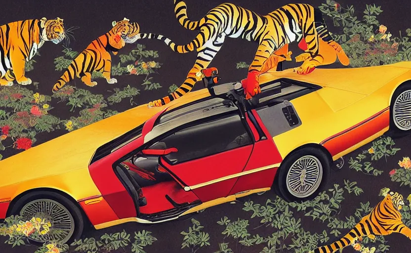 Image similar to a red delorean and a yellow tiger, painting by hsiao - ron cheng & utagawa kunisada, magazine collage style,