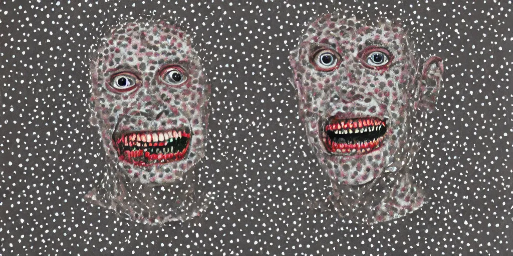 Image similar to camo made of teeth, smiling, abstract, francis bacon artwork, cryptic, dots, stipple, lines, splotch, color tearing, pitch bending, faceless people, dark, ominious, eerie, minimal, points, technical, old painting