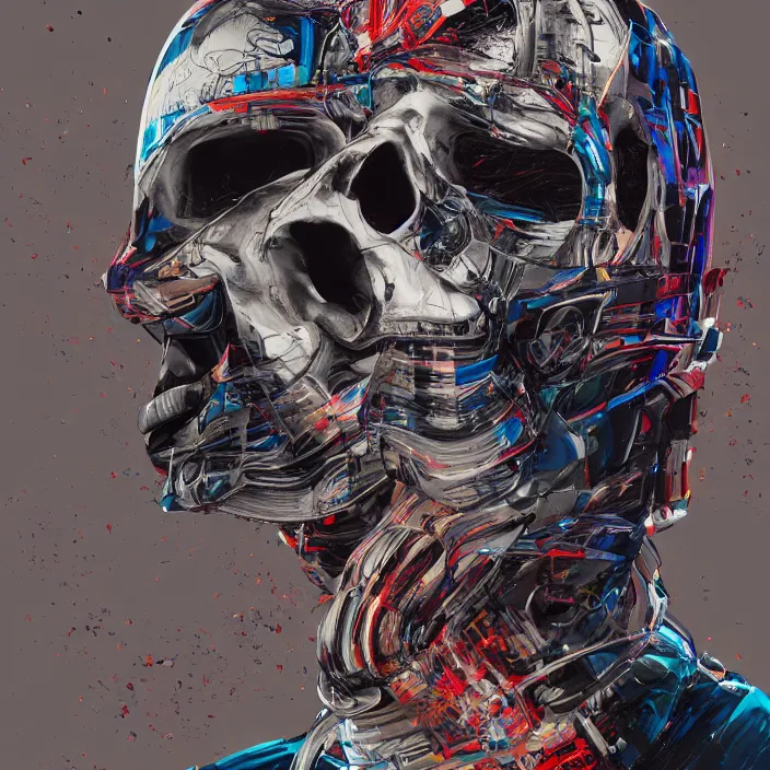 Image similar to portrait of a skull in a racing suit. intricate abstract. intricate artwork. nightmare fuel. by Tooth Wu, wlop, beeple, dan mumford. octane render, trending on artstation, greg rutkowski very coherent symmetrical artwork. cinematic, hyper realism, high detail, octane render, 8k, iridescent accents