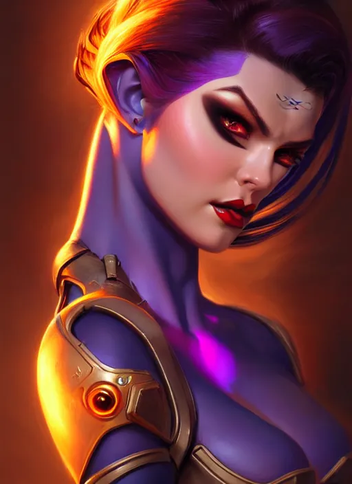 Image similar to beautiful widowmaker from overwatch, fantasy, fantasy art, character portrait, portrait, close up, highly detailed, scifi art, intricate detail, amazing detail, sharp focus, vintage fantasy art, vintage sci - fi art, radiant light, trending on artstation, caustics, by boris vallejo