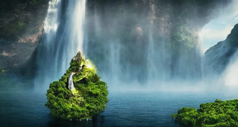 Image similar to A magnificent floating island in the sky above the sea, defying gravity, floating and flying island, waterfall falling down, epic lighting, epic composition, highly detailed