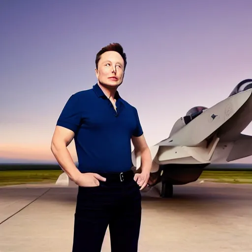 Image similar to elon musk, wearing a dark blue polo shirt, standing near fighter jet on an empty runway at dusk, high detail, volumetric lights, professional high quality studio photo from vogue magazine