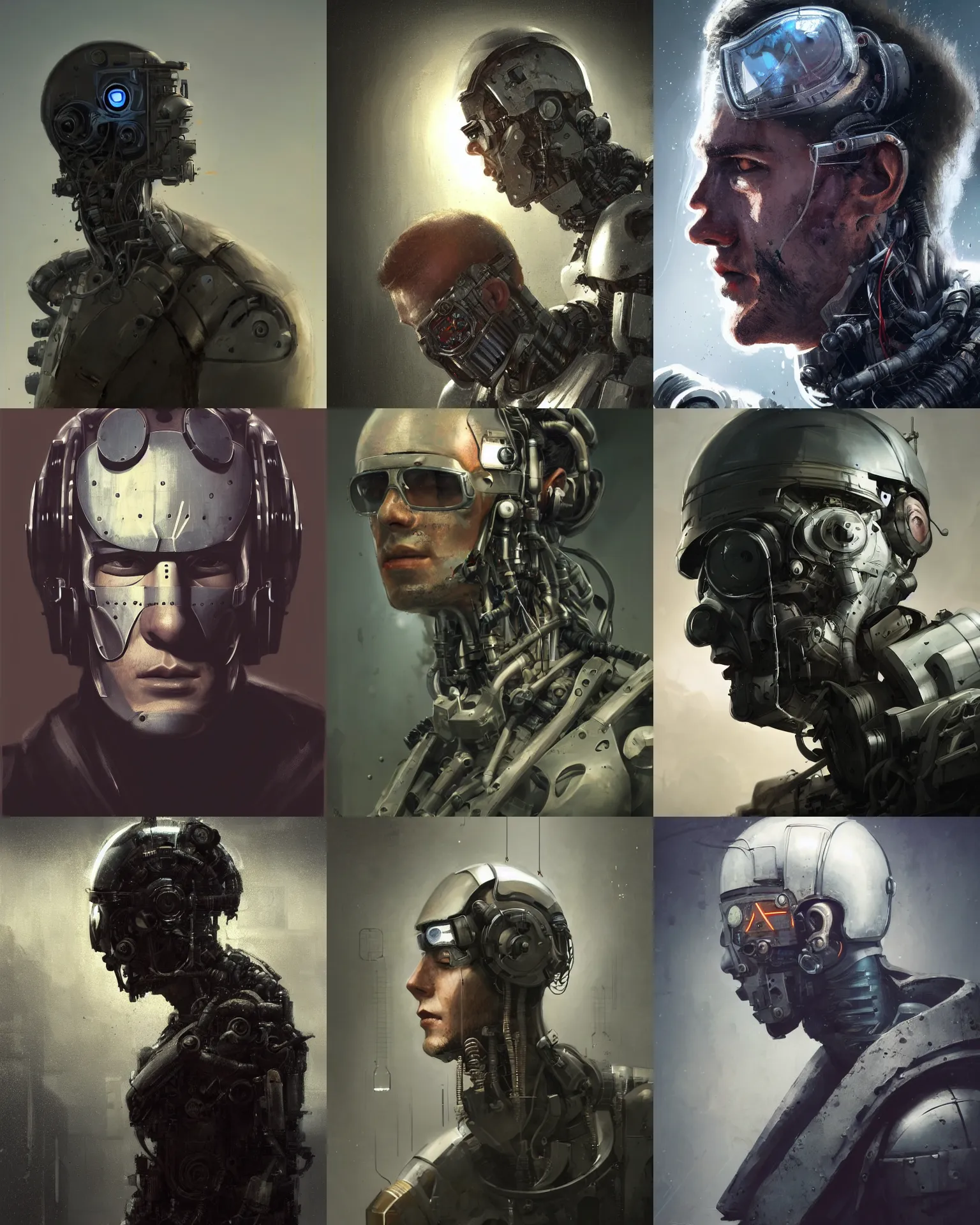 Image similar to a half - masked rugged young laboratory engineer man with cybernetic enhancements as seen from a distance, scifi character portrait by greg rutkowski, esuthio, craig mullins, 1 / 4 headshot, cinematic lighting, dystopian scifi gear, gloomy, profile picture, mechanical, half robot, implants, steampunk