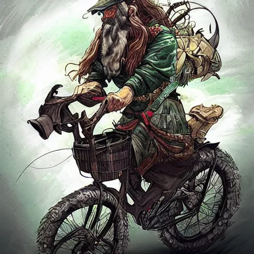 Image similar to a bearded and long haired bicycle food delivery worker with a green bag on his back in Europe, he has boots, epic fantasy style art by kim jung gi, fantasy epic digital art