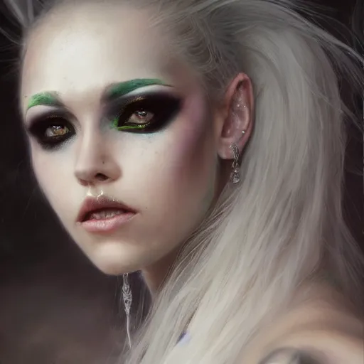 Prompt: a beautiful portrait of kerli koiv with pastel goth makeup, a detailed painting by greg rutkowski and raymond swanland and luis royo, featured on cgsociety, grimdark art, detailed painting, artstation hd, photorealistic