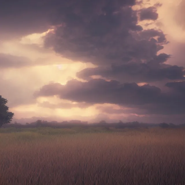 Prompt: plains, dusk, stormy overcast, octane render, cinematic, trending on artstation, elegant, intricate, style by Makoto Shinkai 8k