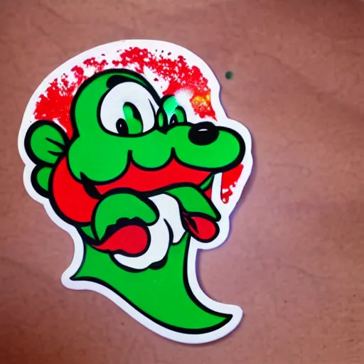 Image similar to die cut sticker, yoshi wearing mario's mustache, splatter paint