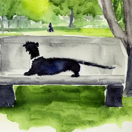 Image similar to a carin terrier wearing a suit, sitting on a park bench in central park, watercolor