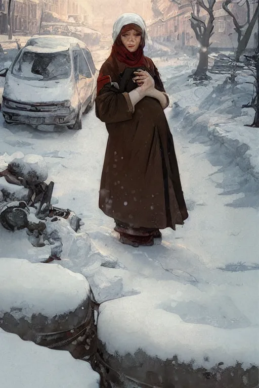 Image similar to portrait of a hungry and unhappy pregnant woman in the besieged Leningrad in winter, digital painting, artstation, concept art, smooth, sharp focus, illustration, art by artgerm and greg rutkowski and alphonse mucha