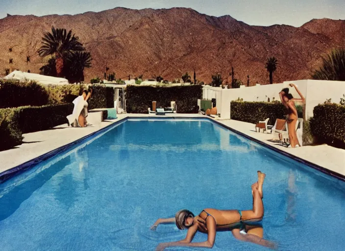 Prompt: a detailed photograph of 1 9 7 0 s palm springs backyard pool by slim aarons, poolside glamour, photoreal, getty images, 4 k