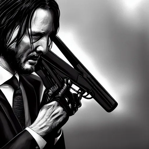 Prompt: hyperrealistic black and white painting of John Wick holding a machine gun firing at enemy