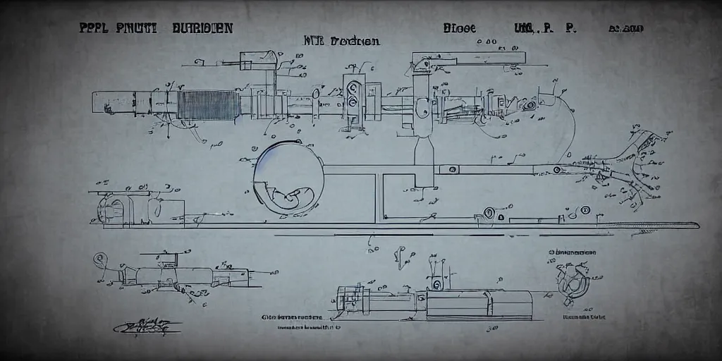 Prompt: portal gun patent blueprint, paper, engineered, 8 k, highly technical, production ready, from portal the game,