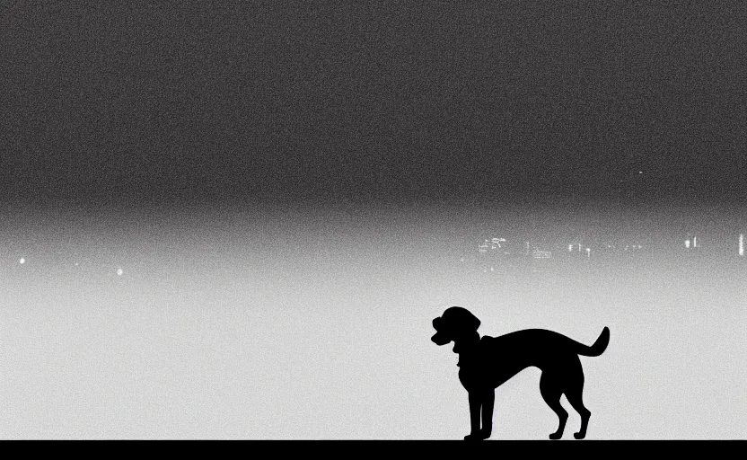 Image similar to a dog is looking out of a window at night staring at a skyline in rain, movie still, silhouette, 8 k