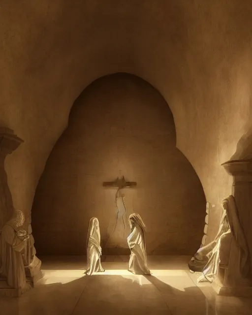 Prompt: inside a tomb, light coming in from the left, 2 angels with wings, 3 women in robes, fibonacci, by artgerm, caravaggio, craig mullins