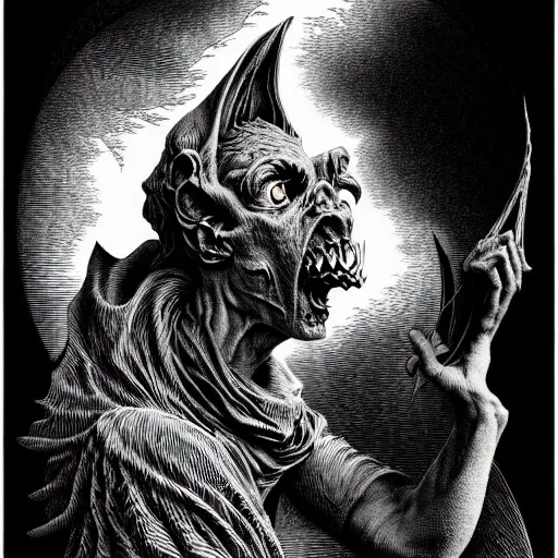 Image similar to portrait soft light, by bernie wrightson and joe fenton, inspired by gothic victorian gargoyle, etching, fine, sharp high detail, duotone screen print,