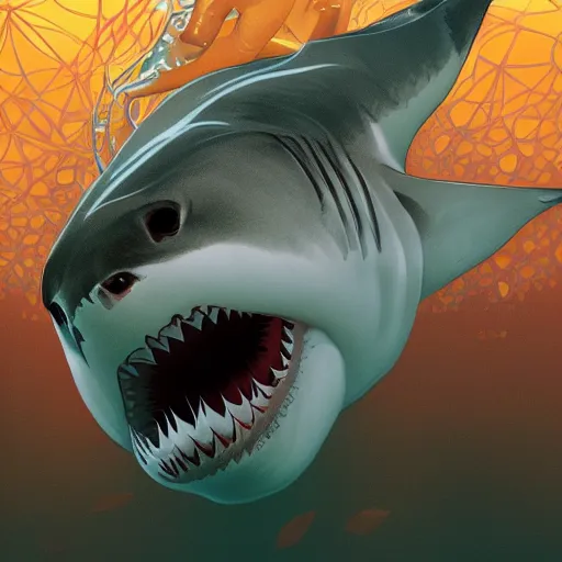 Prompt: great white shark, traffic cones as fins, underwater background detailed atmospheric - ron cheng & alphonse mucha, highly detailed, digital painting, ray tracing, concept art, illustration, smooth sharp focus, intricate, symmetry, artstation,