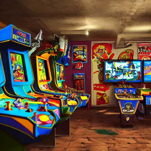 Prompt: large Mancave full of 80s toys games arcade games and wall posters Stuffy atmosphere, shadows, vintage, highly detailed, abandoned, octane render, blender, --width 1280 4k