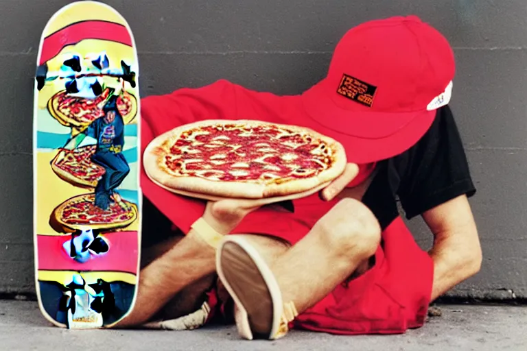 Prompt: 80s, skateboard, supremepizza, advertisement