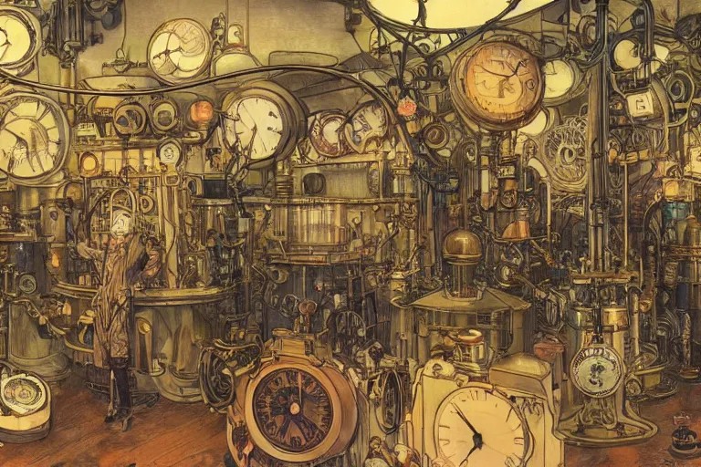 Image similar to steampunk lab room filled with clocks and alchemy equipment, mad scientist working, giant screens, sci - fi vending machine, concept art by mucha