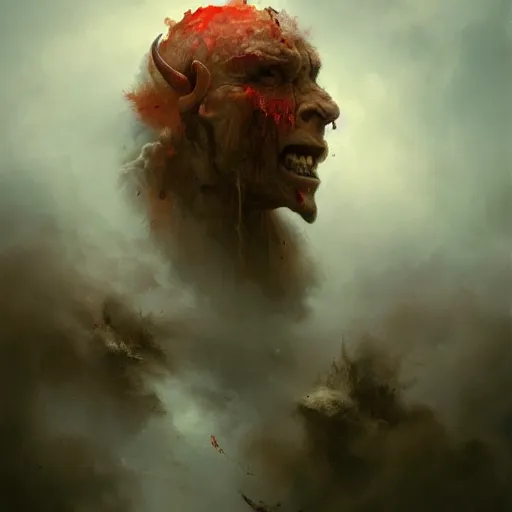 Prompt: breathtaking soft painting of angry devil in a bloody sky, realistic symmetrical face features, rembrandt style, elegant, highly detailed, artstation, concept art, matte, sharp focus, art by tom bagshaw, and greg rutkowski