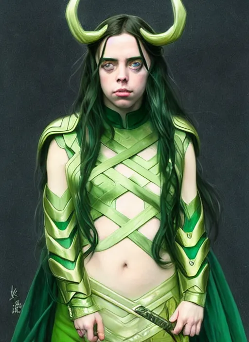 Prompt: Billie Eilish as Female Loki, very detailed, digital art, trending on artstation, concept art, smooth, illustration, art by artgerm and greg rutkowski and alphonse mucha and Edmund Blair Leighton and Katsuhiro Otomo and Geof Darrow and Phil hale and Ashley wood