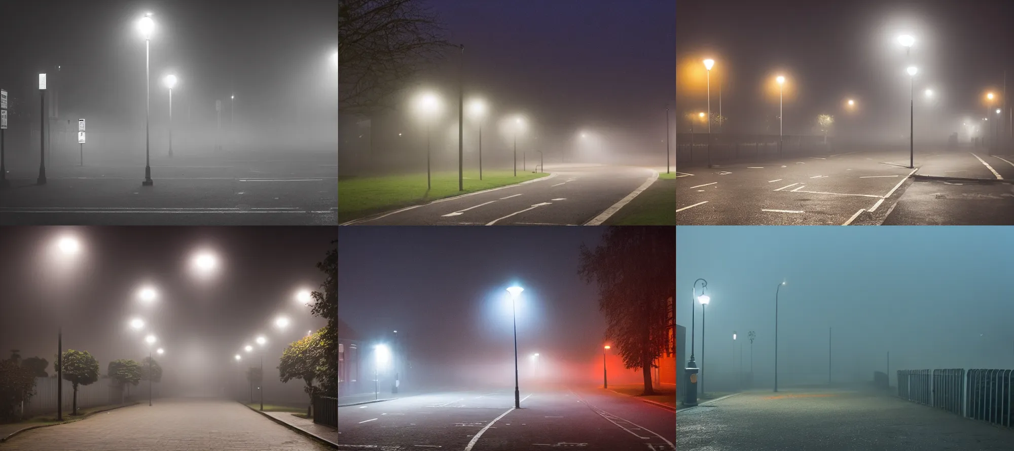 Prompt: foggy council estate at night, with orange street lights