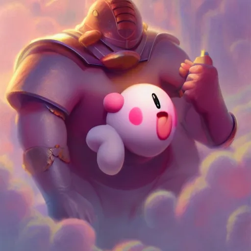 Prompt: Kirby (From Nintendo), trending on artstation, ultra detailed, 8k, character illustration by Greg Rutkowski, Thomas Kinkade.