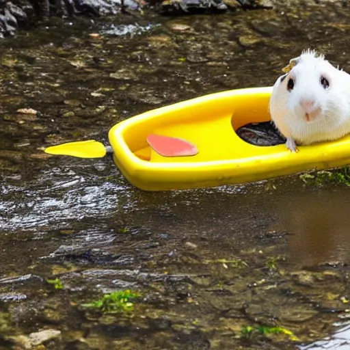 Image similar to a guinea pig paddling a yellow kayak on a small stream