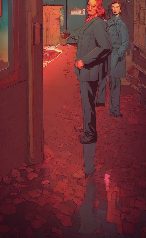 Prompt: Twin Peaks comic book cover movie poster artwork by Tomer Hanuka and Michael Whelan, Rendering of the Red Room dreamscape full of details, by Makoto Shinkai and thomas kinkade, Matte painting, trending on artstation and unreal engine