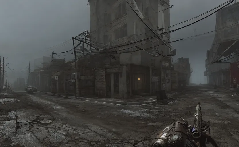 Image similar to an ingame screenshot of fallout, moody, foggy, extra realistic details, hd, octain, artstation