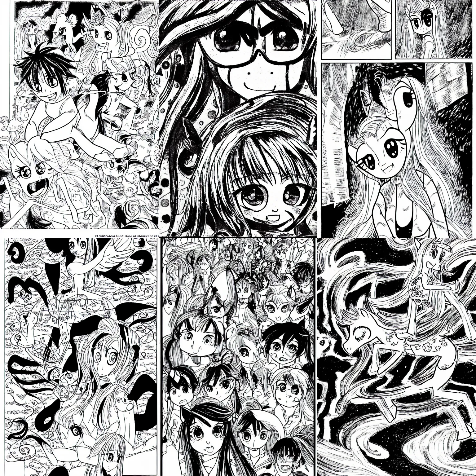 Prompt: a page from manga, my little pony drawn by junji ito, manga panel, very detailed, black and white