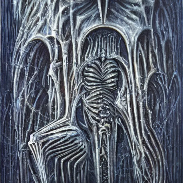 Image similar to biomechanical monolith worshipped by spiders by HR Giger, oil painting, chromatic aberration