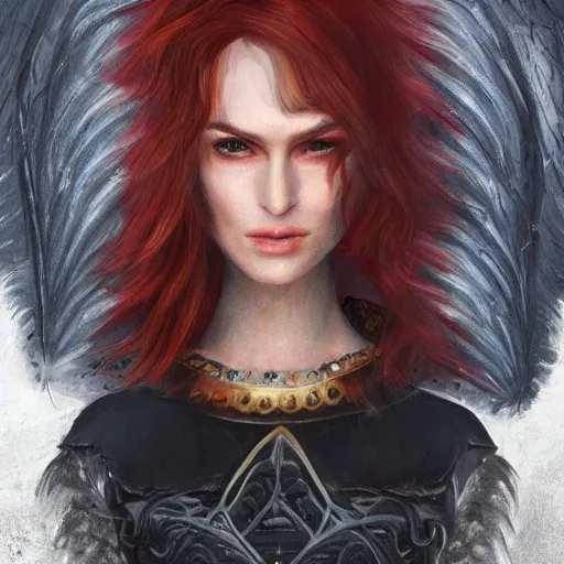 Image similar to beautiful female mage with red hair, keira knightley, black clothing, dark feathered wings, intricate, highly detailed face, trending on artstation, dramatic lighting, hyperrealistic, fantasy, portrait, highly detailed, headshot, digital painting, trending on artstation, concept art, sharp focus, illustration